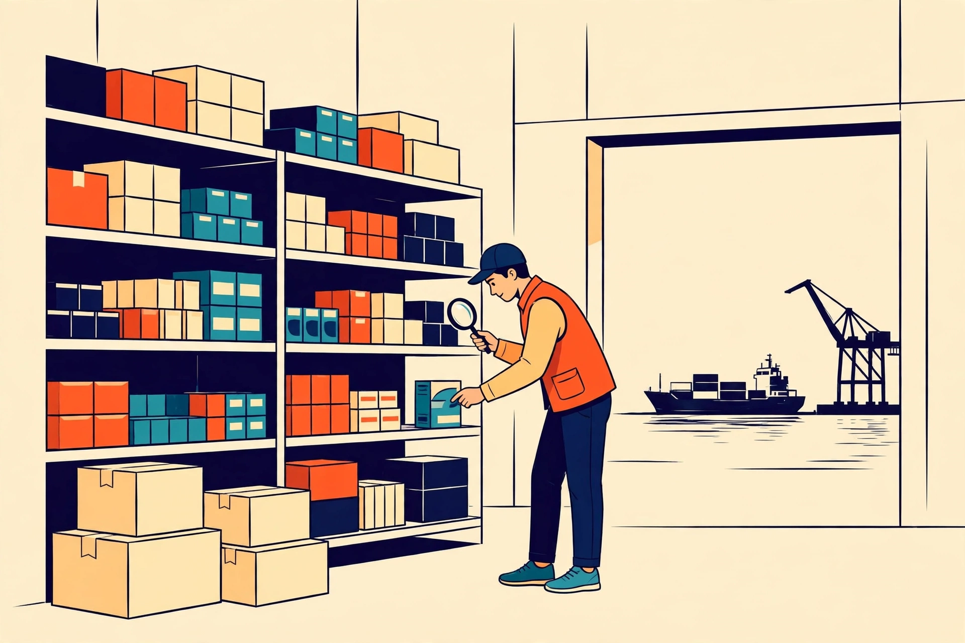 Illustration of a sourcing agent inspecting products on warehouse shelves, with a container ship in the background