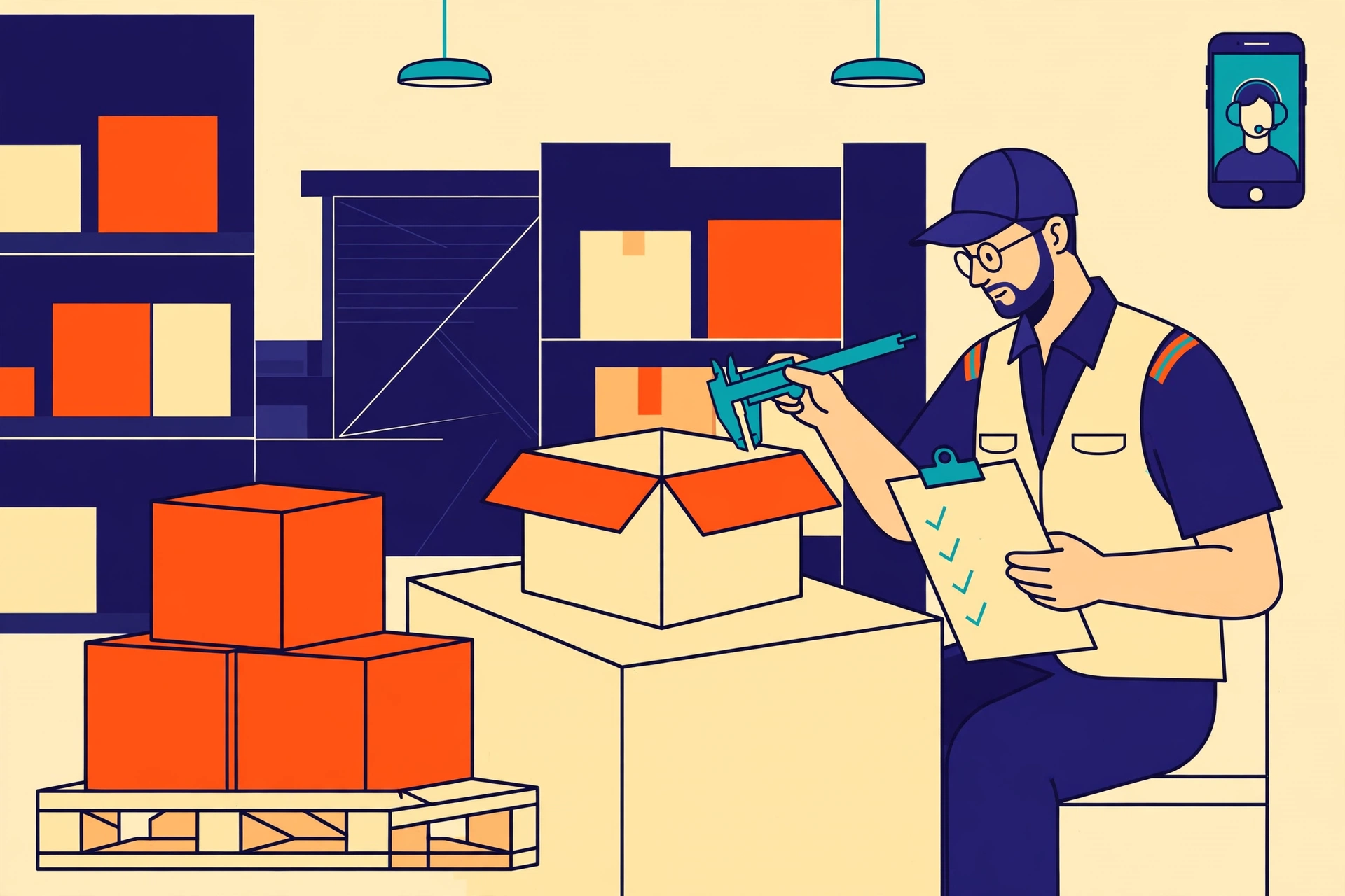 Illustration of an inspector checking a carton with a caliper and checklist while reporting by video call